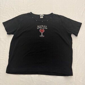 Grandmas Black Sippy Cup Wine Rhinestone Short Sleeve Size Large